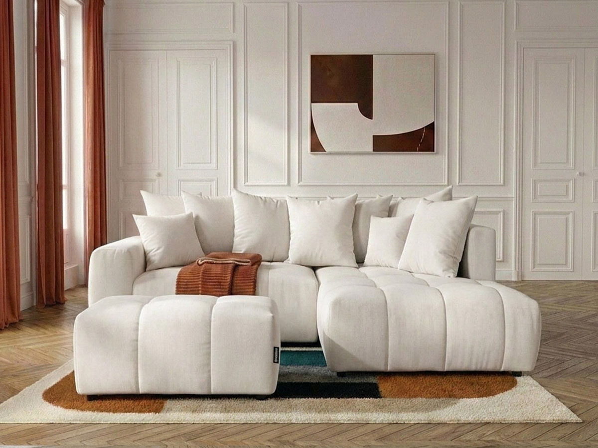 Canapé d'angle L convertible coffre ROXELANE tissu chiné avec pouf