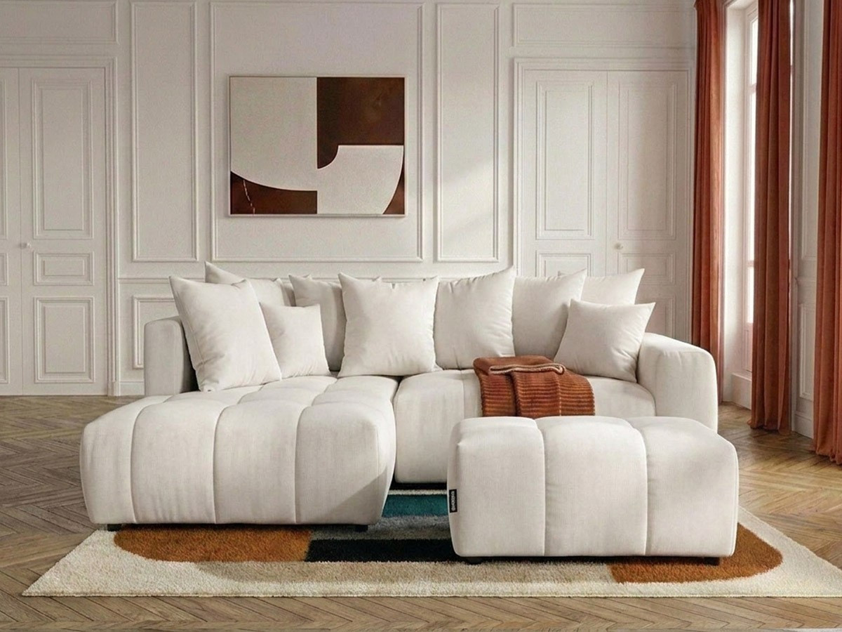 Canapé d'angle L convertible coffre ROXELANE chiné avec pouf blanc — vue 4