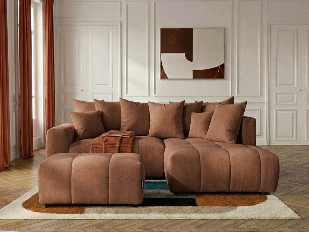 Canapé d'angle L convertible coffre ROXELANE chiné avec pouf orange — vue 4