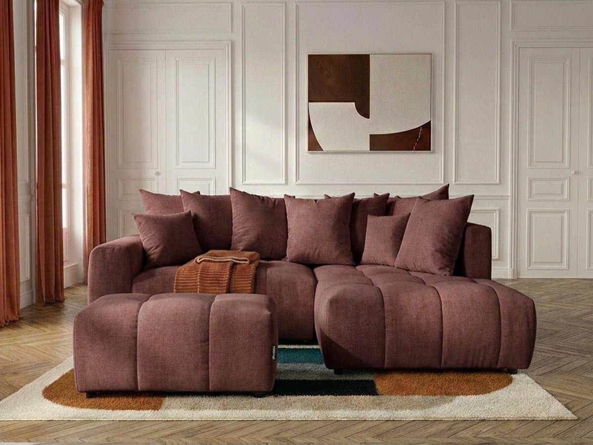 Canapé d'angle L convertible coffre ROXELANE chiné avec pouf rouge — vue 4