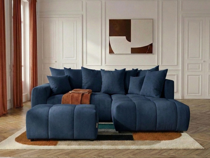 Canapé d'angle L convertible coffre ROXELANE tissu chiné avec pouf