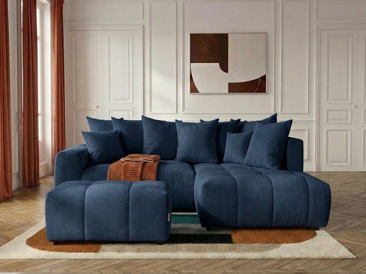 Canapé d'angle L convertible coffre ROXELANE chiné avec pouf bleu foncé — vue 4