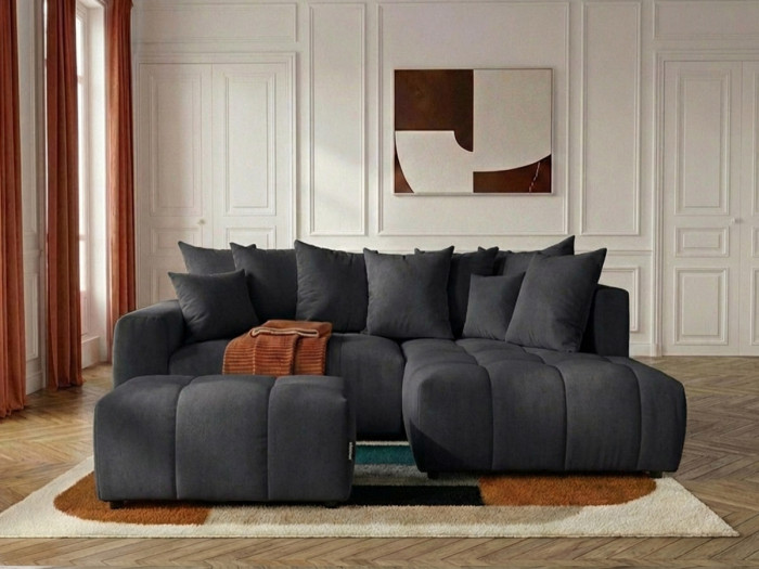 Canapé d'angle L convertible coffre ROXELANE tissu chiné avec pouf