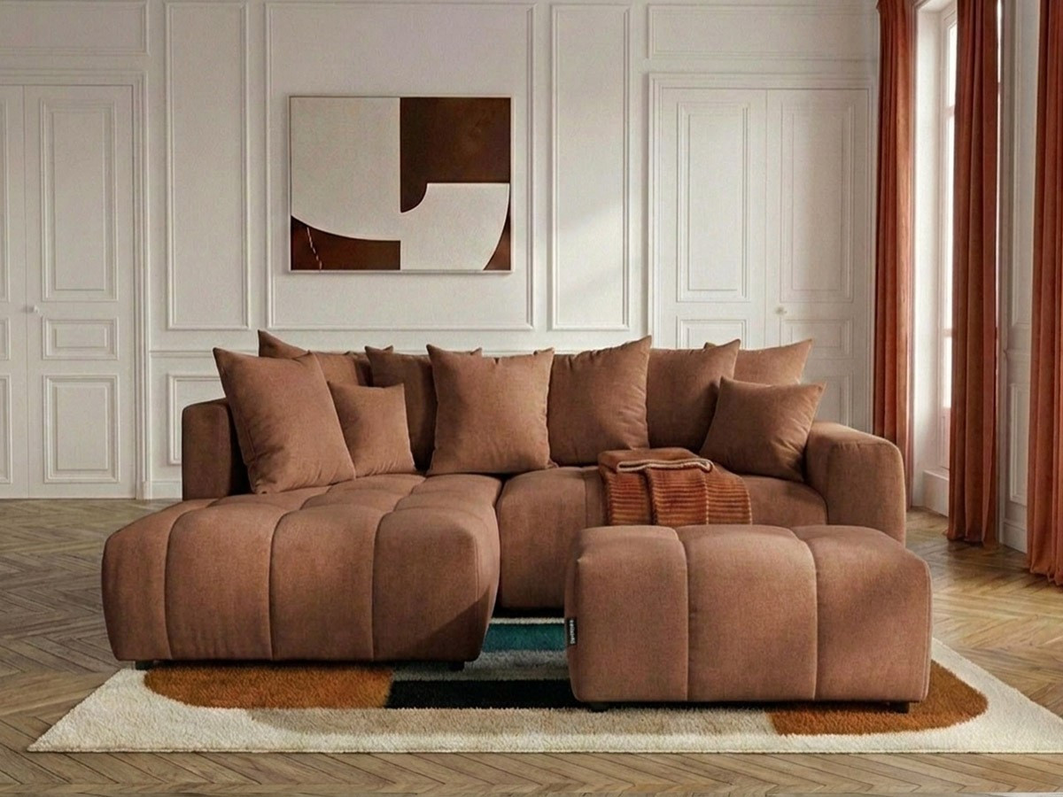 Canapé d'angle L convertible coffre ROXELANE tissu chiné avec pouf