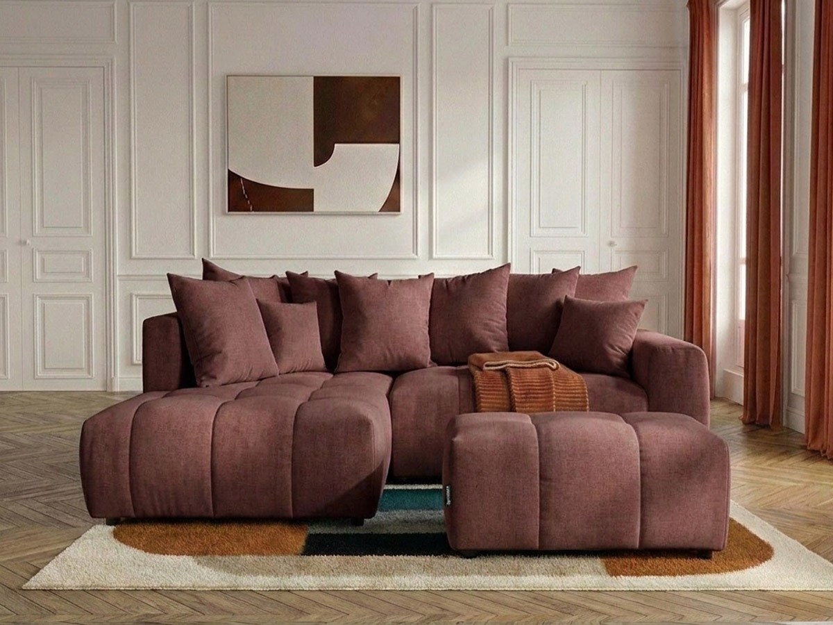 Canapé d'angle L convertible coffre ROXELANE tissu chiné avec pouf