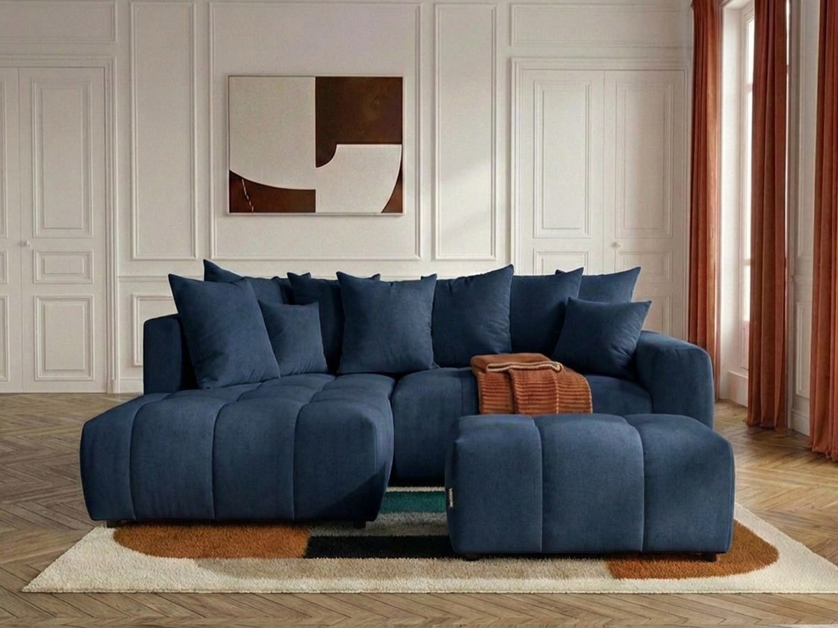 Canapé d'angle L convertible coffre ROXELANE tissu chiné avec pouf