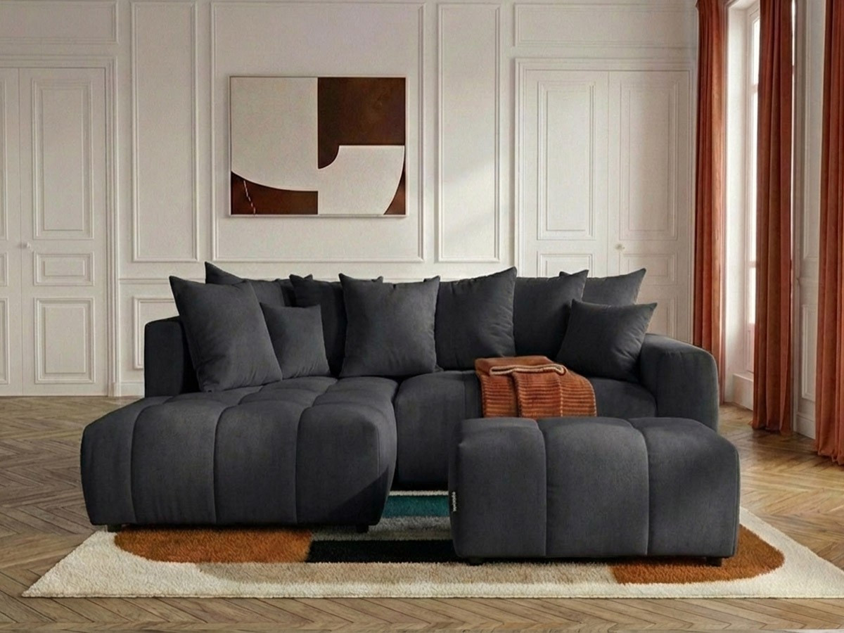 Canapé d'angle L convertible coffre ROXELANE tissu chiné avec pouf