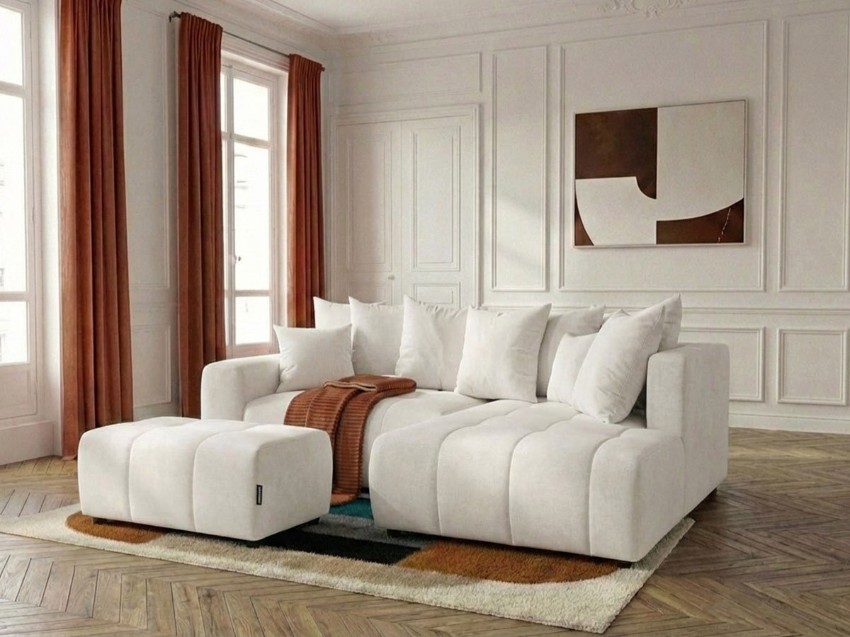 Canapé d'angle L convertible coffre ROXELANE tissu chiné avec pouf