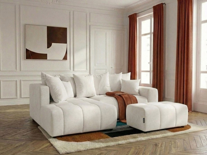 Canapé d'angle L convertible coffre ROXELANE tissu chiné avec pouf