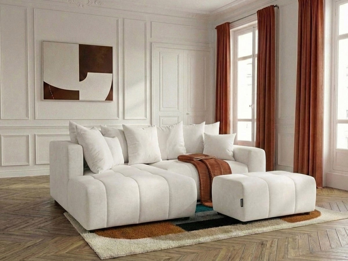 Canapé d'angle L convertible coffre ROXELANE tissu chiné avec pouf