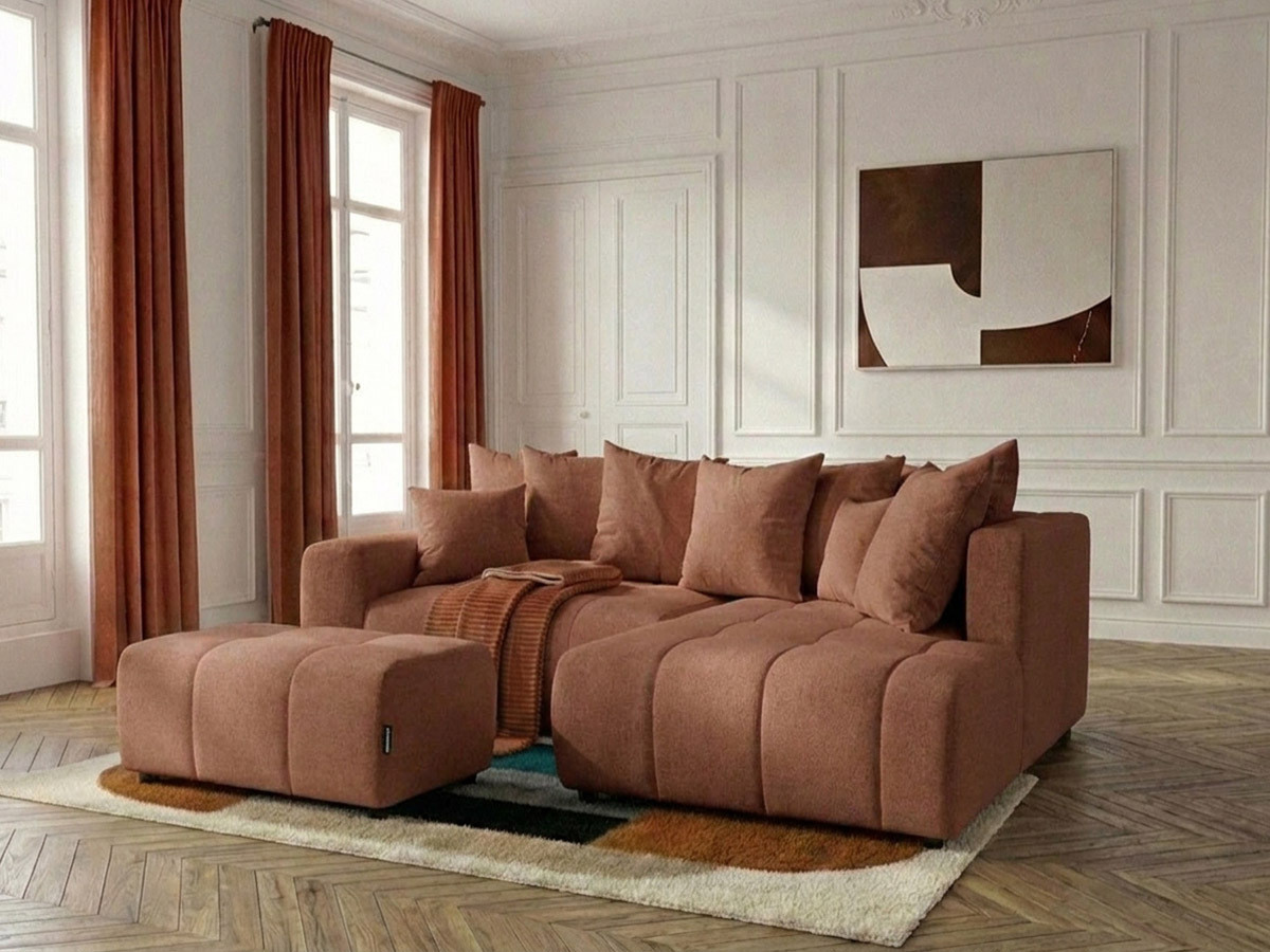 Canapé d'angle L convertible coffre ROXELANE chiné avec pouf orange