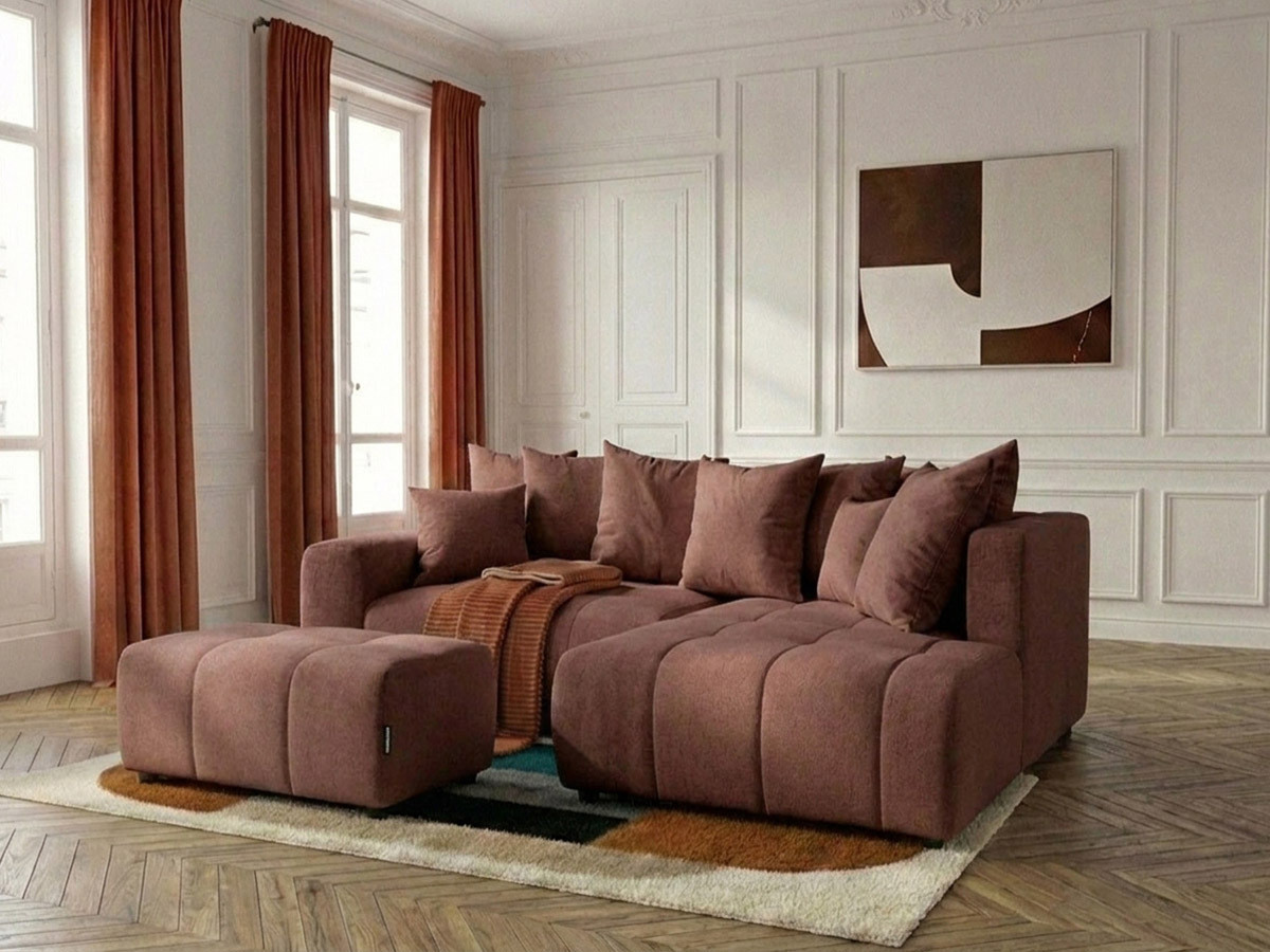 Canapé d'angle L convertible coffre ROXELANE tissu chiné avec pouf