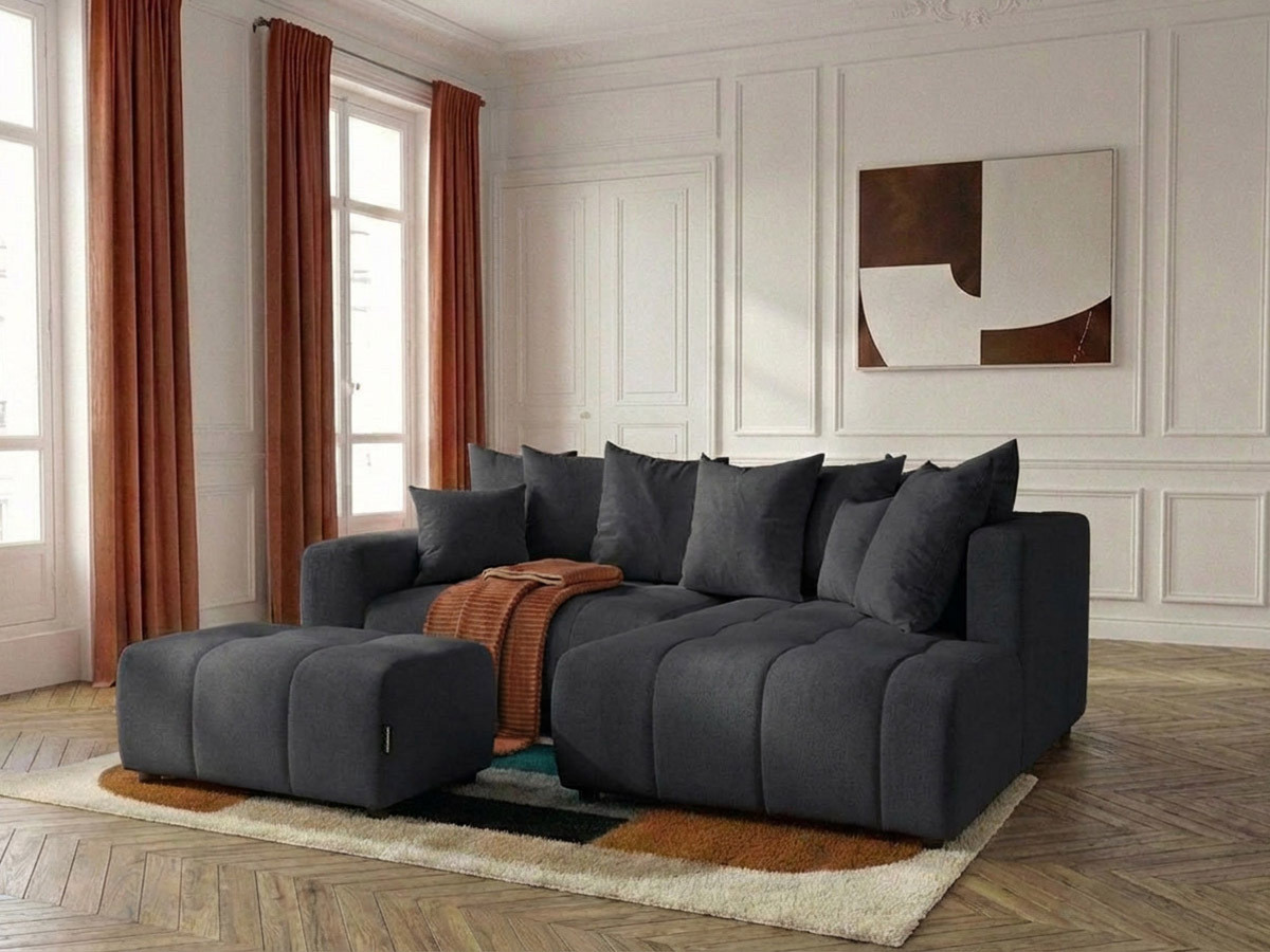 Canapé d'angle L convertible coffre ROXELANE chiné avec pouf gris foncé