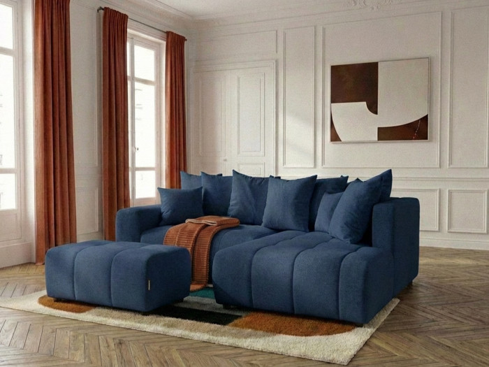 Canapé d'angle L convertible coffre ROXELANE tissu chiné avec pouf