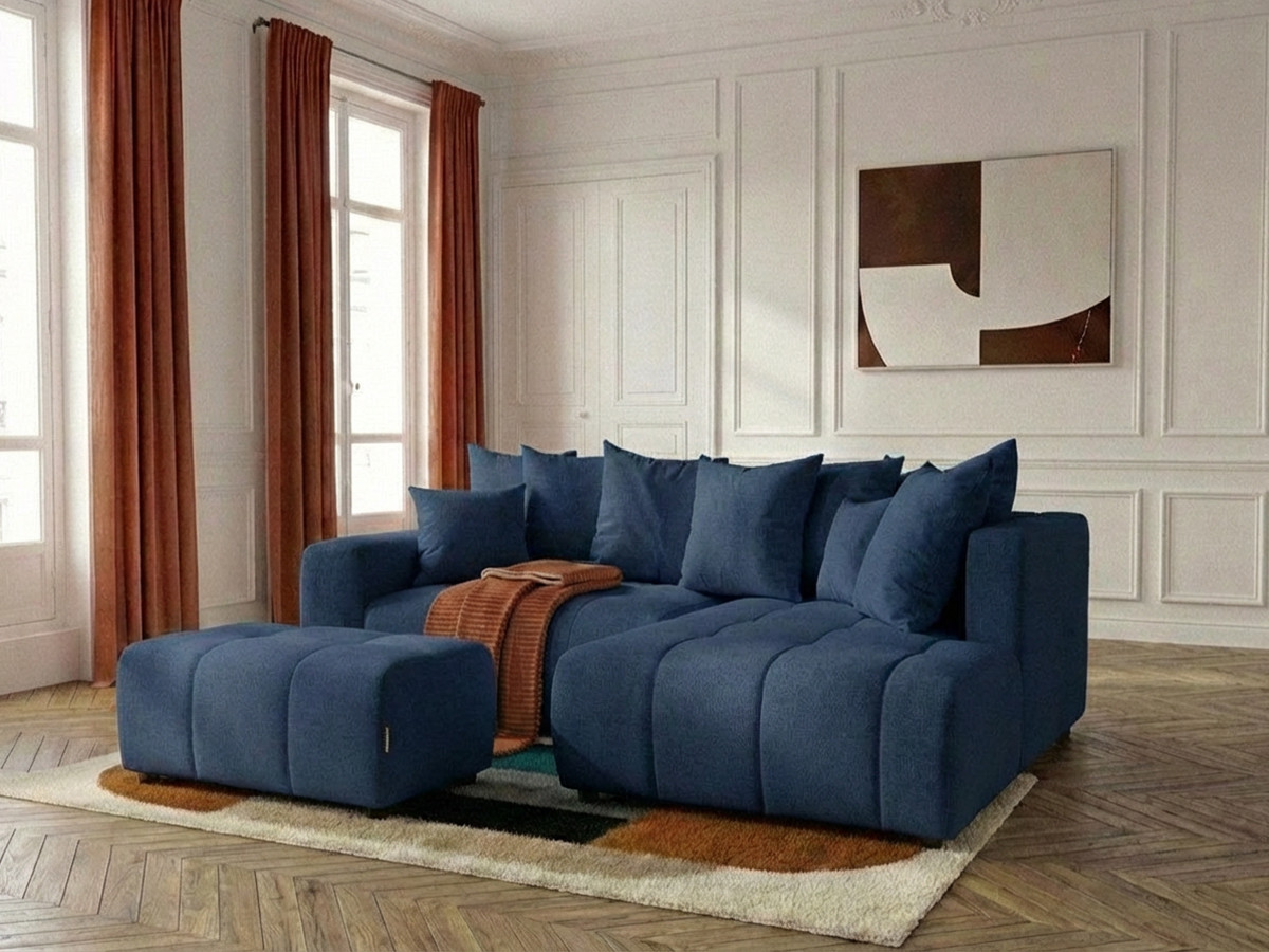 Canapé d'angle L convertible coffre ROXELANE chiné avec pouf bleu foncé