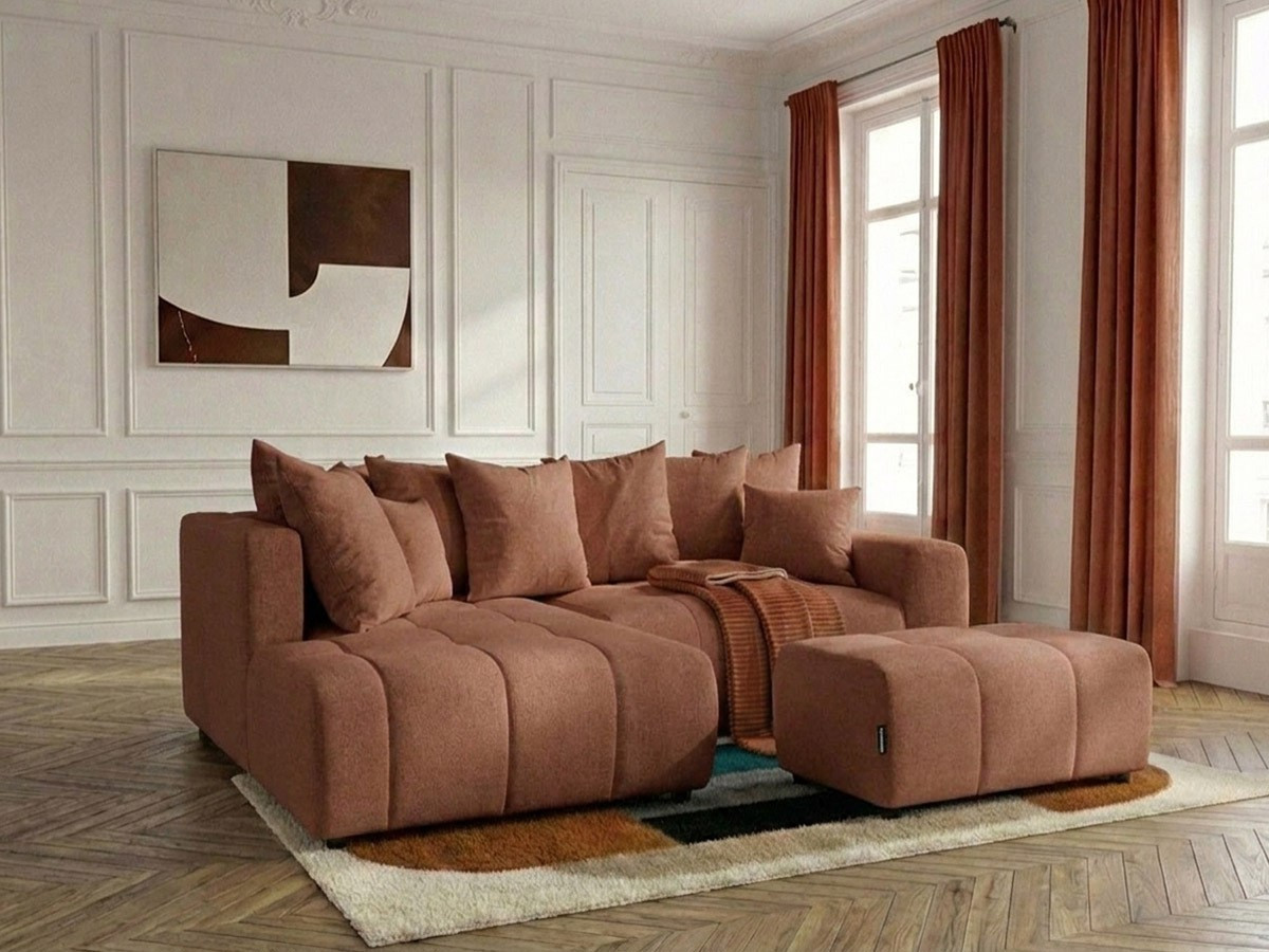 Canapé d'angle L convertible coffre ROXELANE tissu chiné avec pouf orange angle gauche BOBOCHIC 4 places