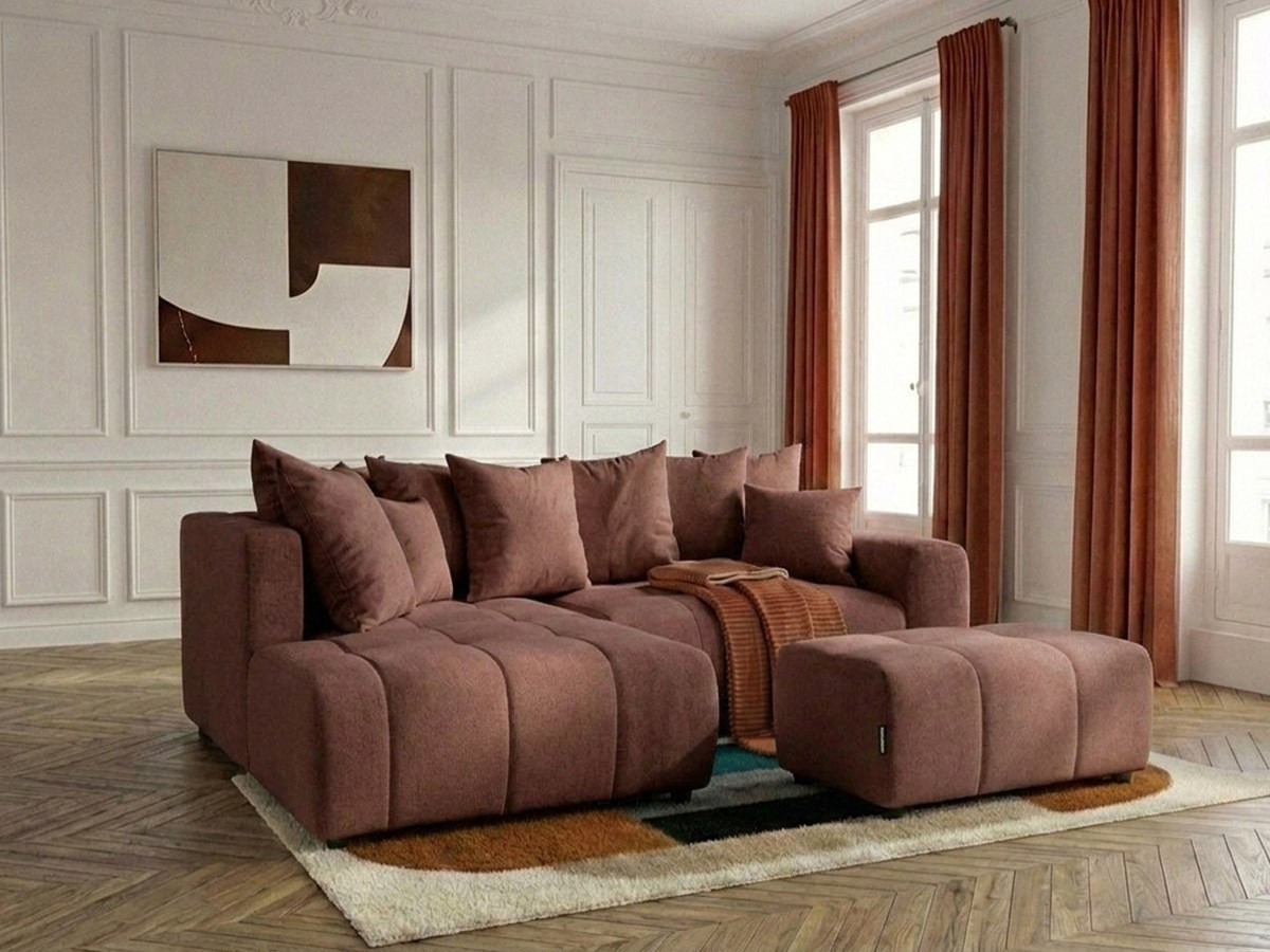 Canapé d'angle L convertible coffre ROXELANE tissu chiné avec pouf