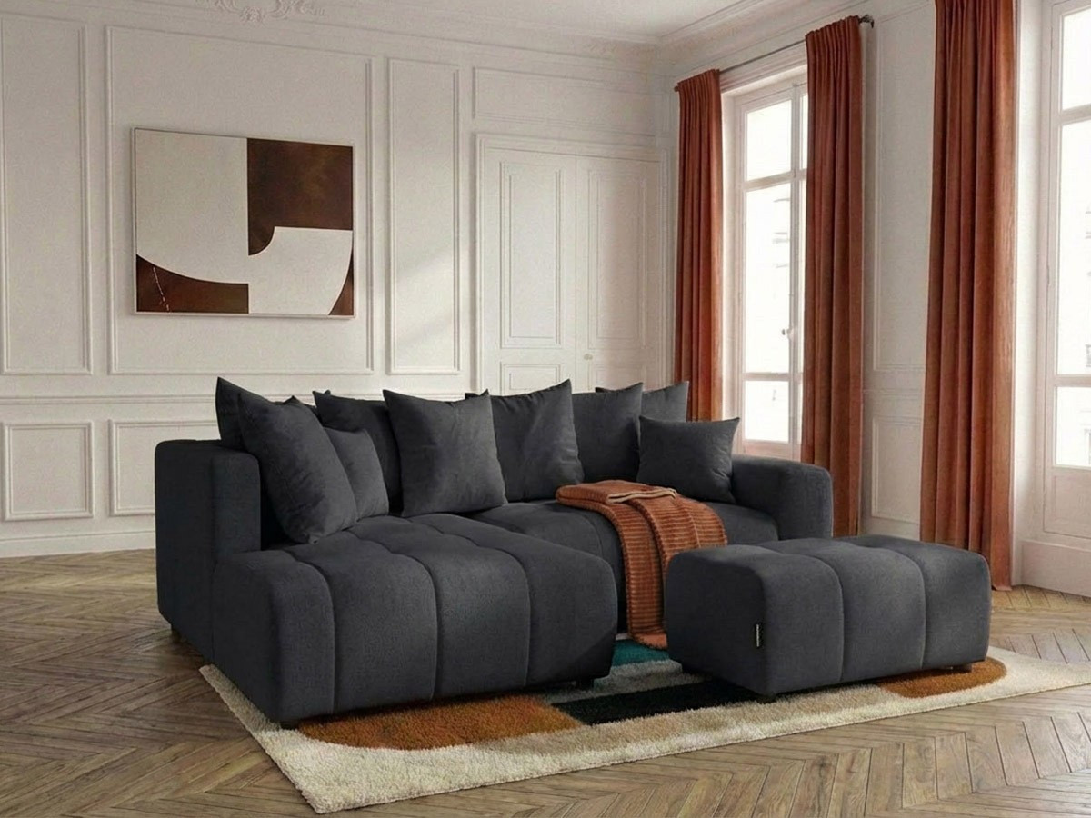 Canapé d'angle L convertible coffre ROXELANE tissu chiné avec pouf gris foncé angle gauche BOBOCHIC 4 places