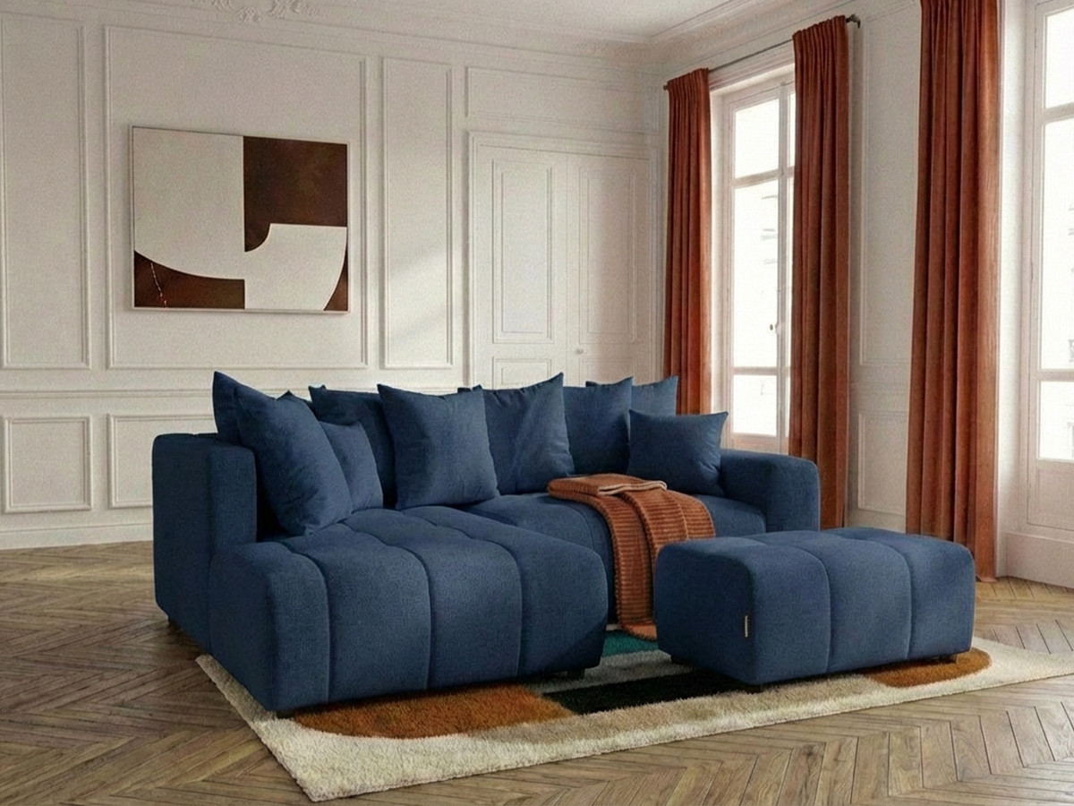 Canapé d'angle L convertible coffre ROXELANE tissu chiné avec pouf