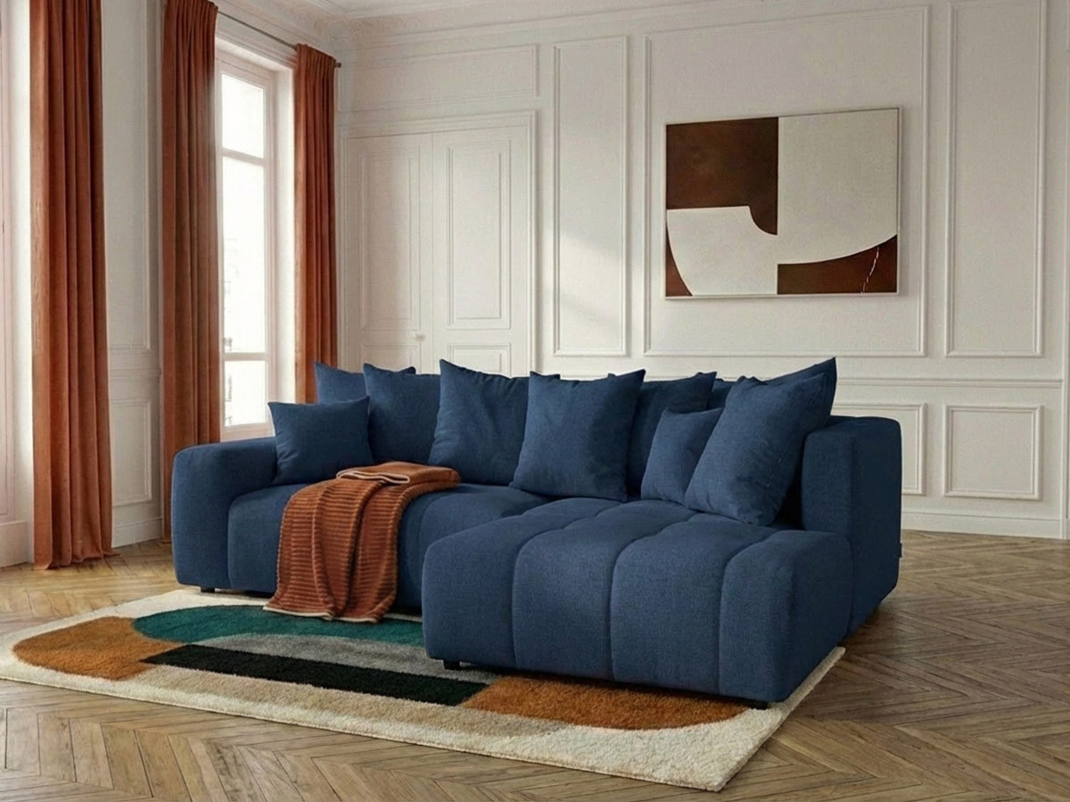Canapé d'angle L convertible coffre ROXELANE chiné bleu foncé