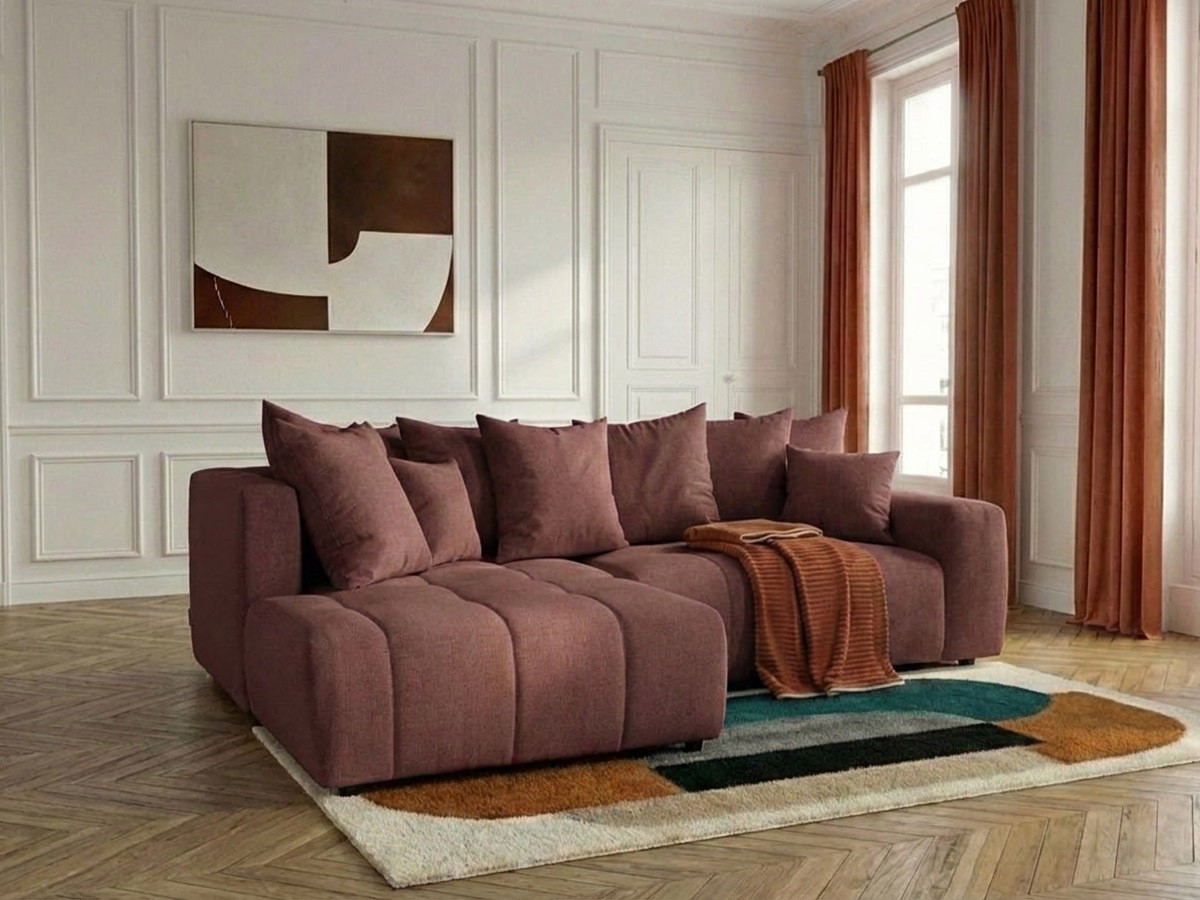 Canapé d'angle L convertible coffre ROXELANE tissu chiné rouge  angle gauche BOBOCHIC 4 places