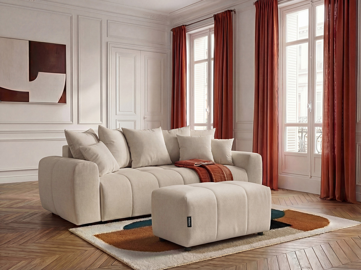 Canapé 3 places convertible ROXELANE tissu chiné avec pouf