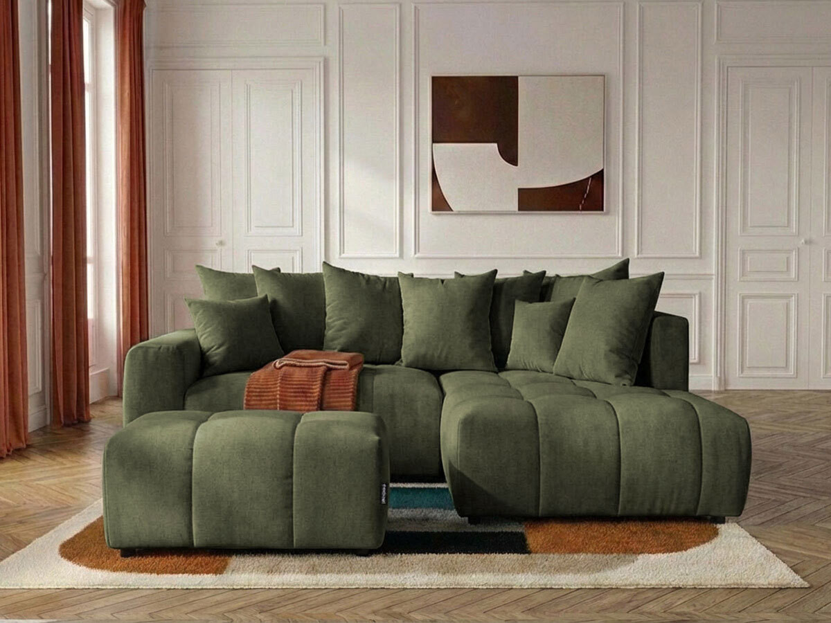 Canapé d'angle L convertible coffre ROXELANE chiné avec pouf vert — vue 4
