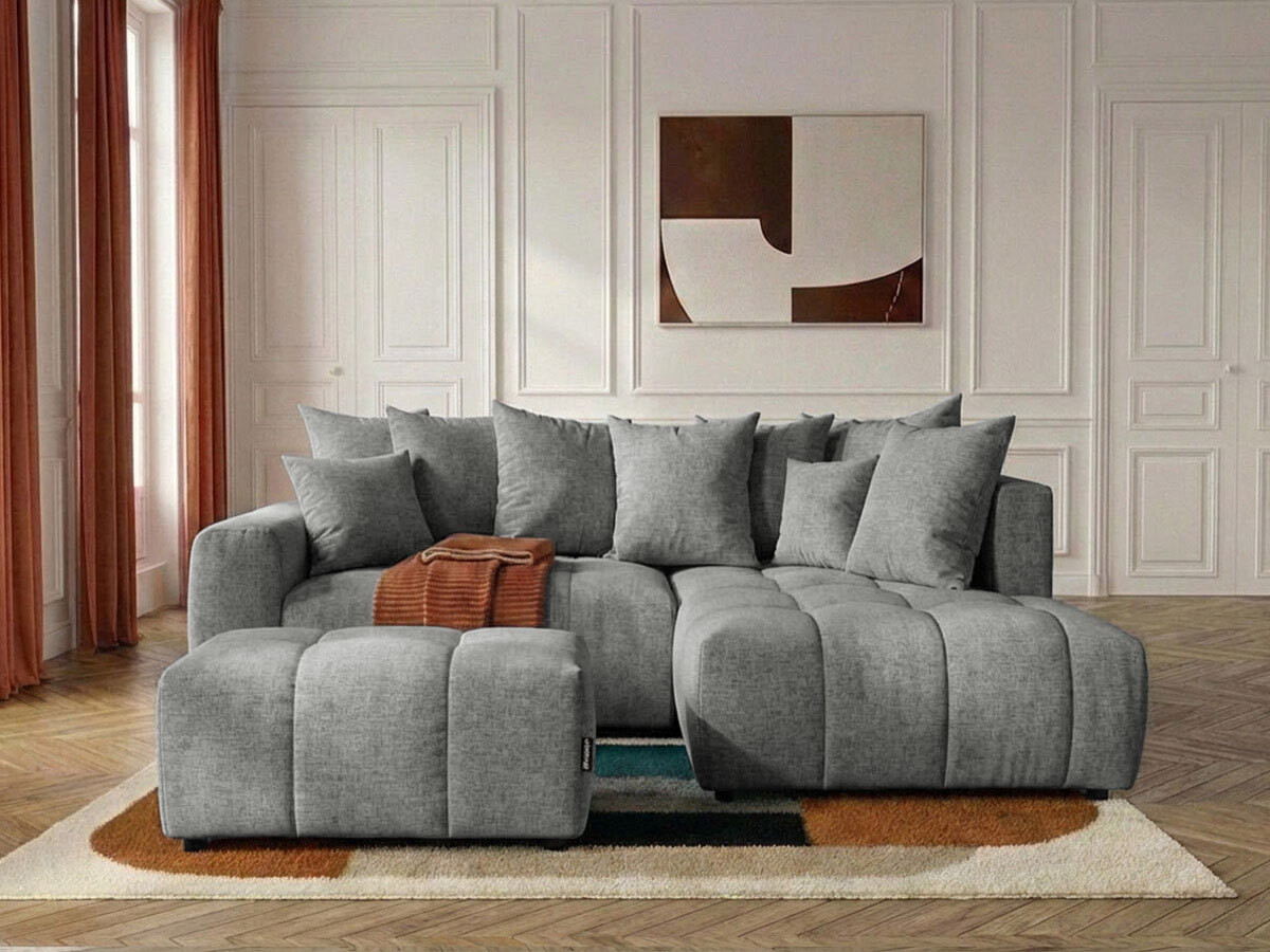Canapé d'angle L convertible coffre ROXELANE chiné avec pouf gris clair — vue 4