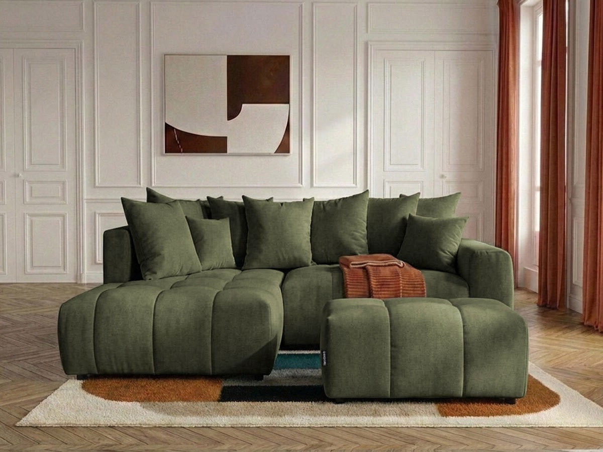 Canapé d'angle L convertible coffre ROXELANE tissu chiné avec pouf