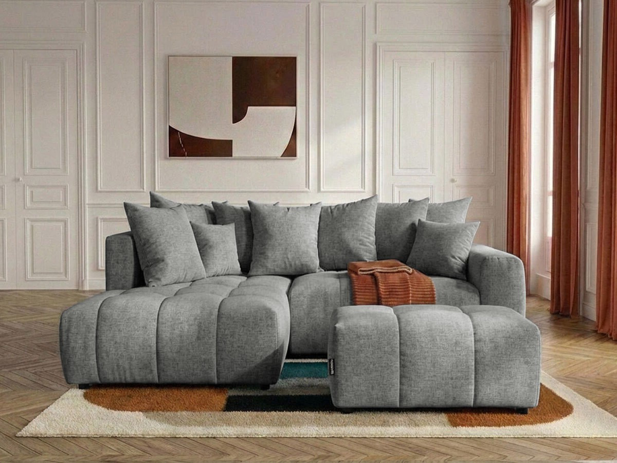 Canapé d'angle L convertible coffre ROXELANE tissu chiné avec pouf