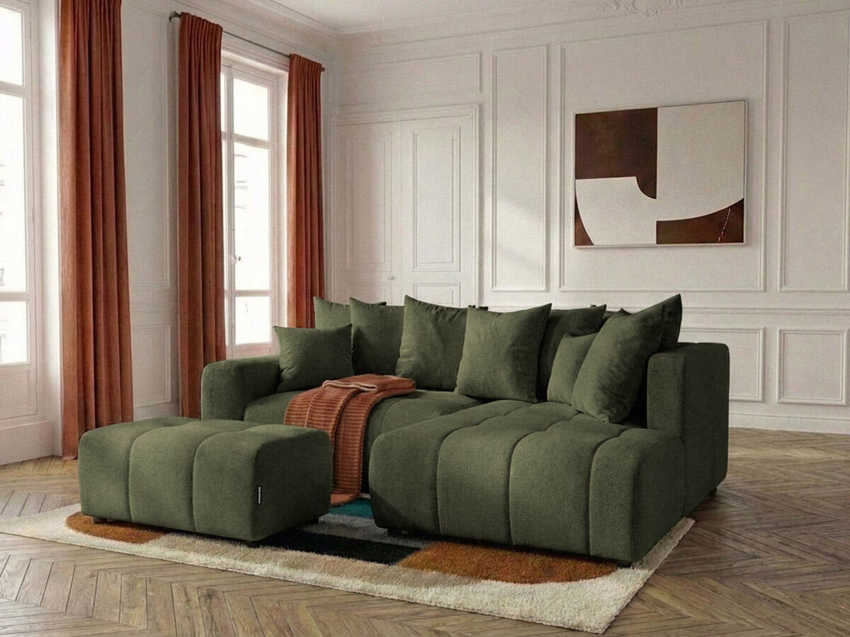 Canapé d'angle L convertible coffre ROXELANE chiné avec pouf vert
