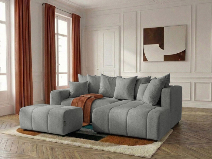 Canapé d'angle L convertible coffre ROXELANE tissu chiné avec pouf