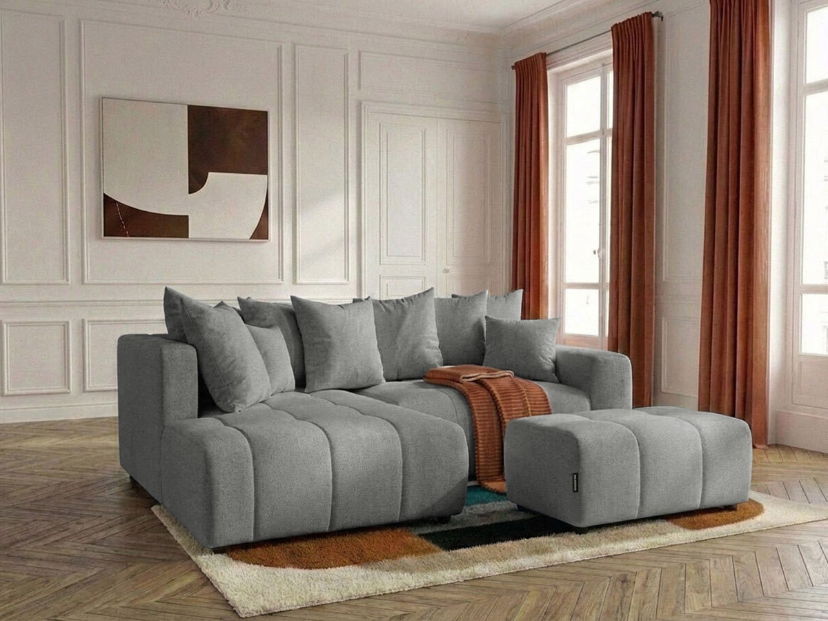 Canapé d'angle L convertible coffre ROXELANE tissu chiné avec pouf