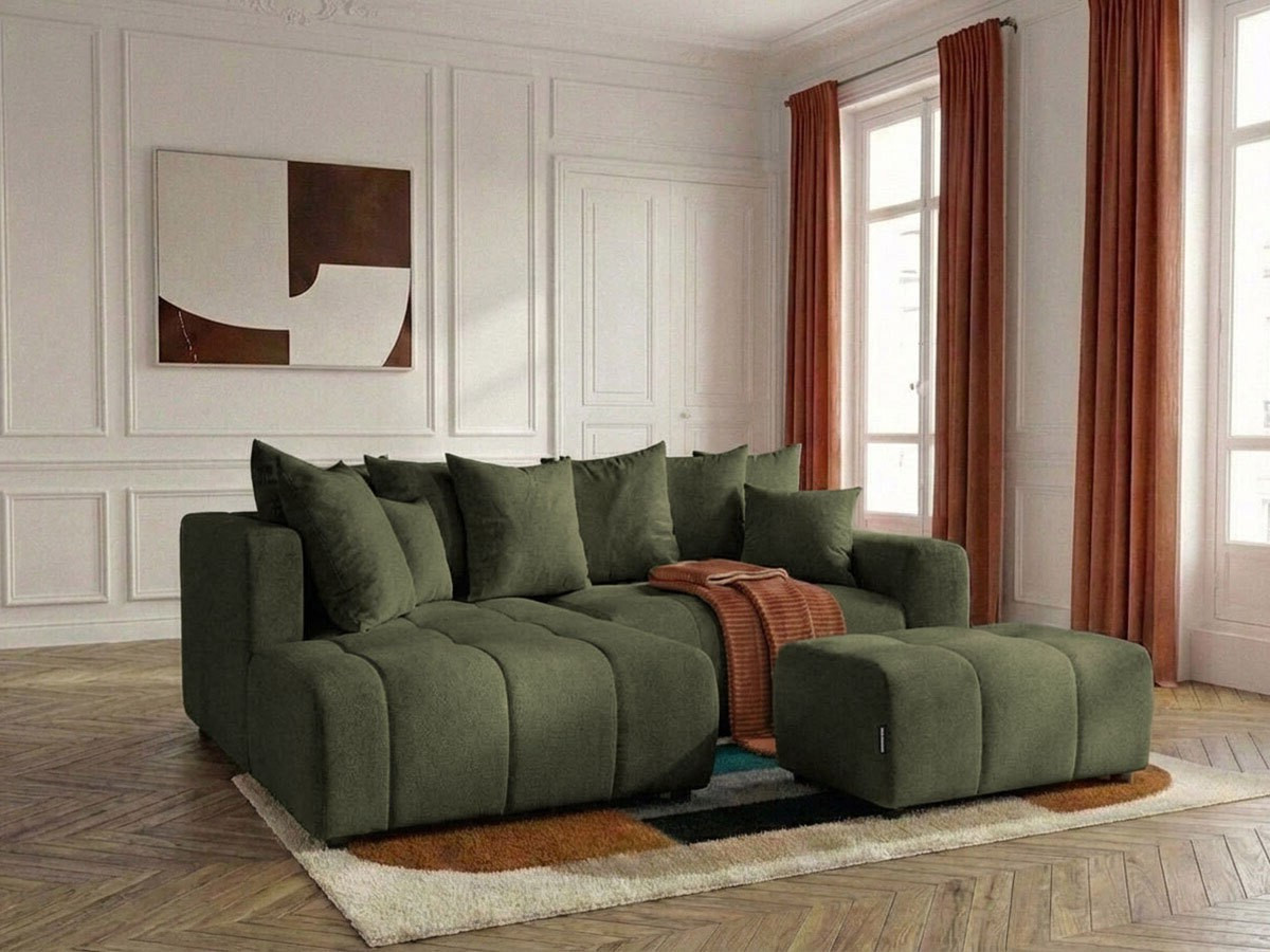 Canapé d'angle L convertible coffre ROXELANE tissu chiné avec pouf