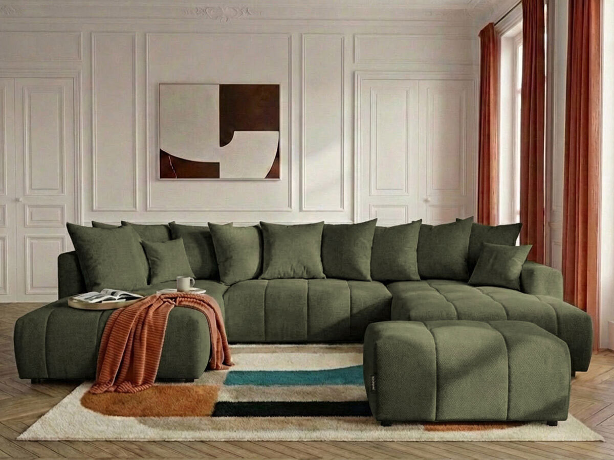 Canapé panoramique convertible ROXELANE chiné avec pouf vert — vue 4