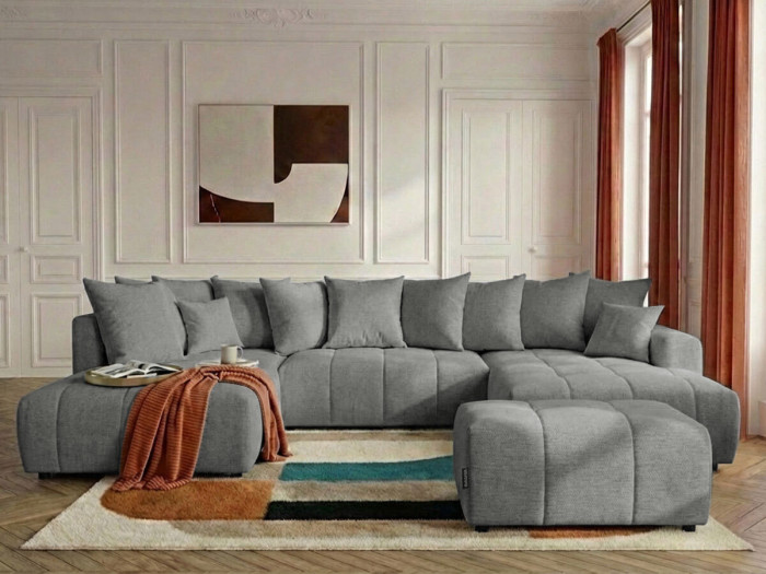 Canapé panoramique convertible ROXELANE tissu chiné avec pouf