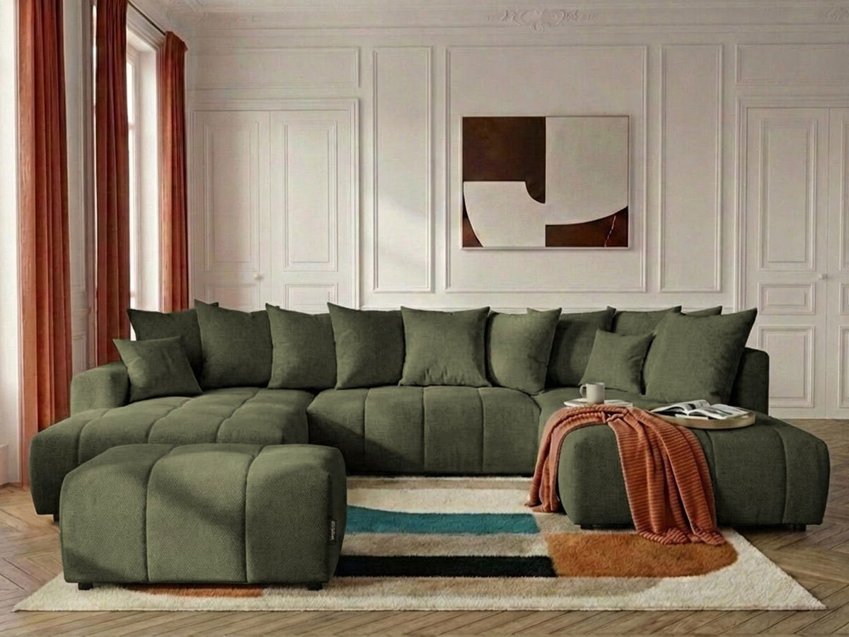 Canapé panoramique convertible ROXELANE tissu chiné avec pouf