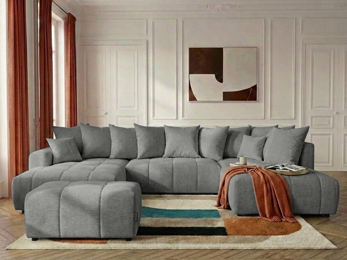 Canapé panoramique convertible ROXELANE tissu chiné avec pouf