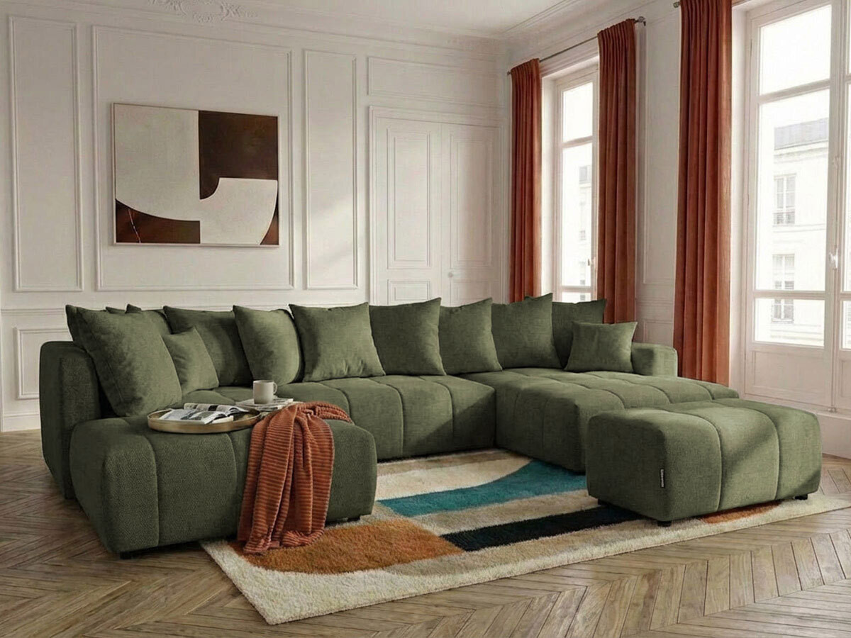 Canapé panoramique convertible ROXELANE chiné avec pouf vert