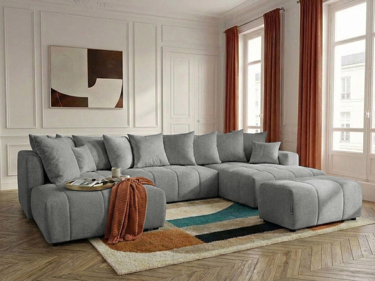 Canapé panoramique convertible ROXELANE chiné avec pouf gris clair