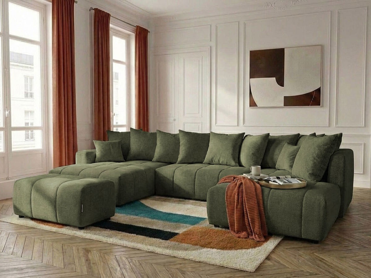 Canapé panoramique convertible ROXELANE tissu chiné avec pouf
