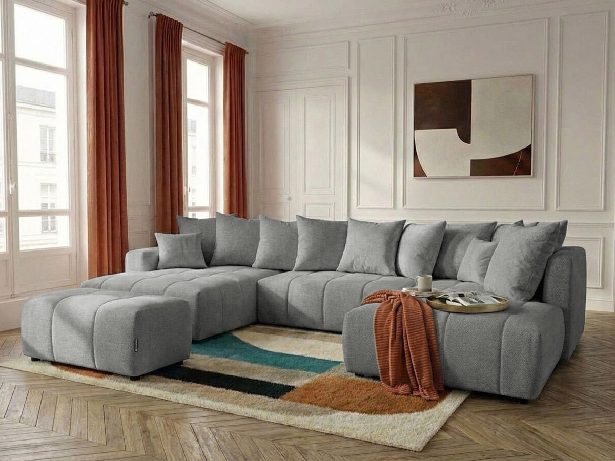 Canapé panoramique convertible ROXELANE tissu chiné avec pouf