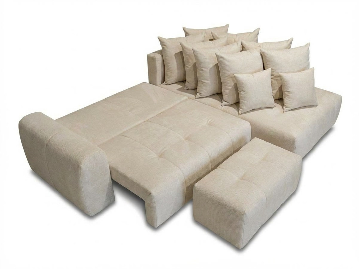 Canapé d'angle L convertible coffre ROXELANE chiné avec pouf beige — vue 5