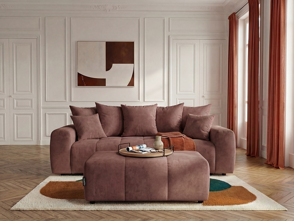 Canapé 3 places convertible ROXELANE chiné avec pouf rouge — vue 4