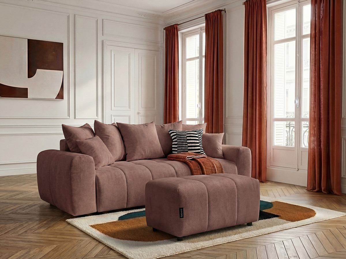 Canapé 3 places convertible ROXELANE tissu chiné avec pouf
