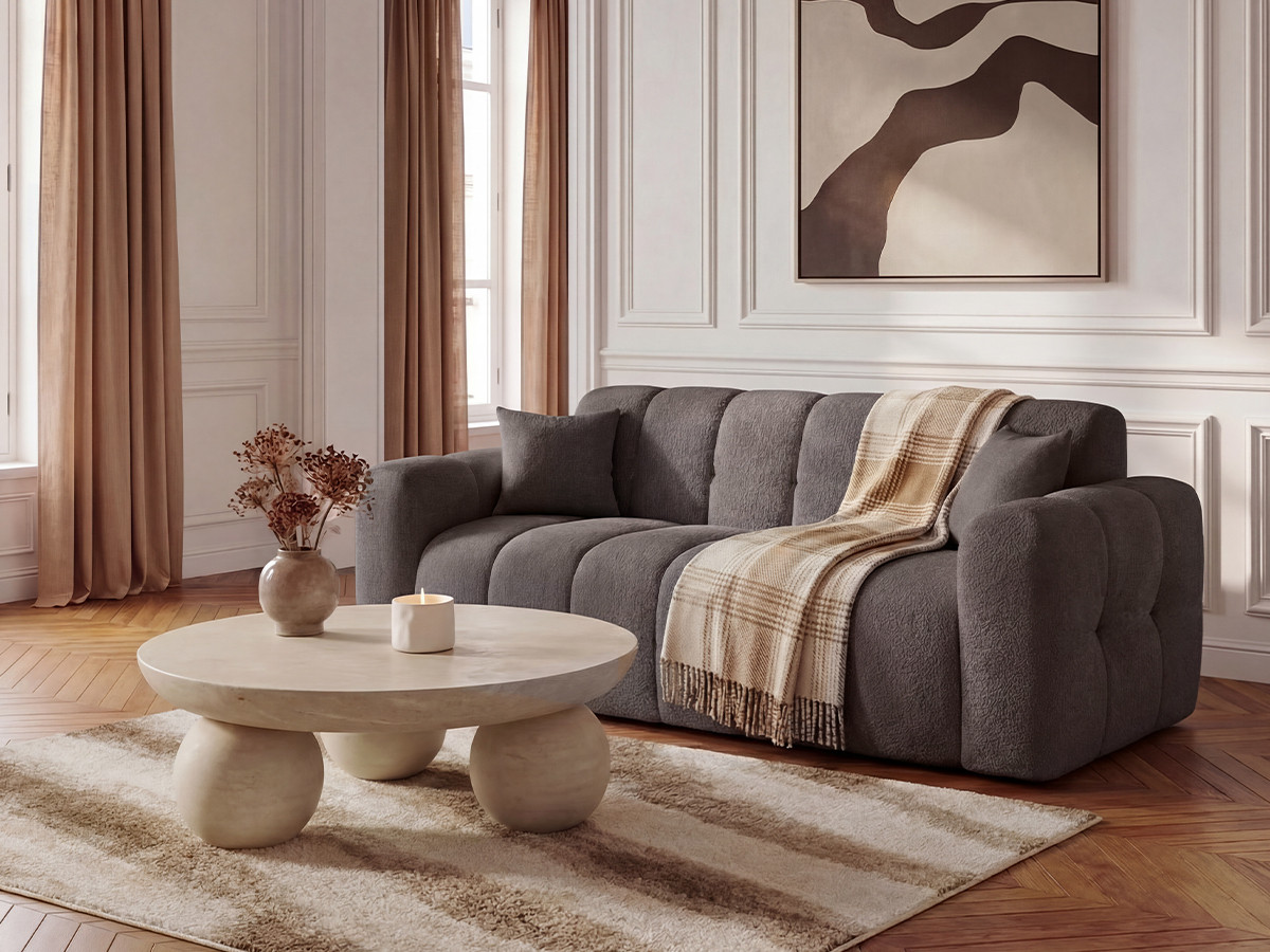 Canapé droit convertible ouverture express 3 places BRADLEY tissu bouclette