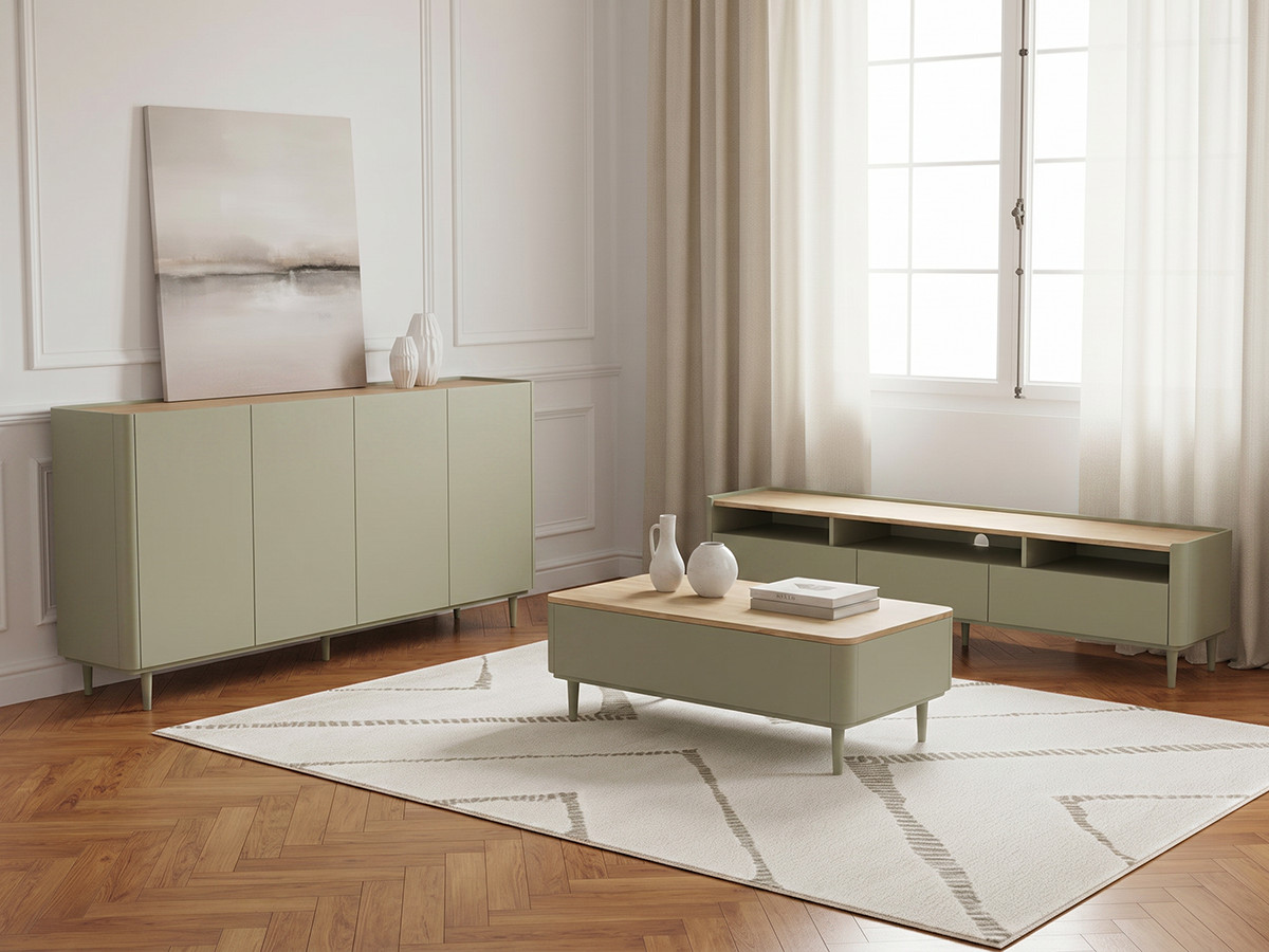 Ensemble ANYRA avec buffet 200 cm + meuble TV 200 cm + table basse avec tiroirs pieds en bois massif