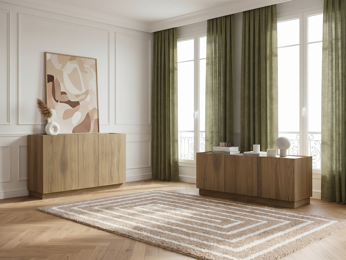 Ensemble MARION avec buffet 140 cm + meuble TV 120 cm effet chêne et travertin