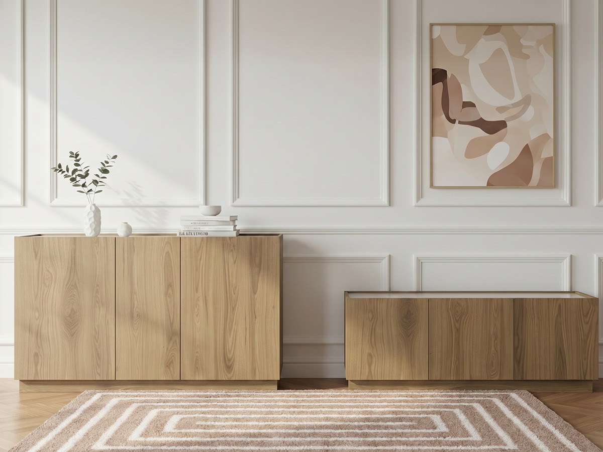 Ensemble MARION avec buffet 140 cm + meuble TV 120 cm effet chêne et travertin