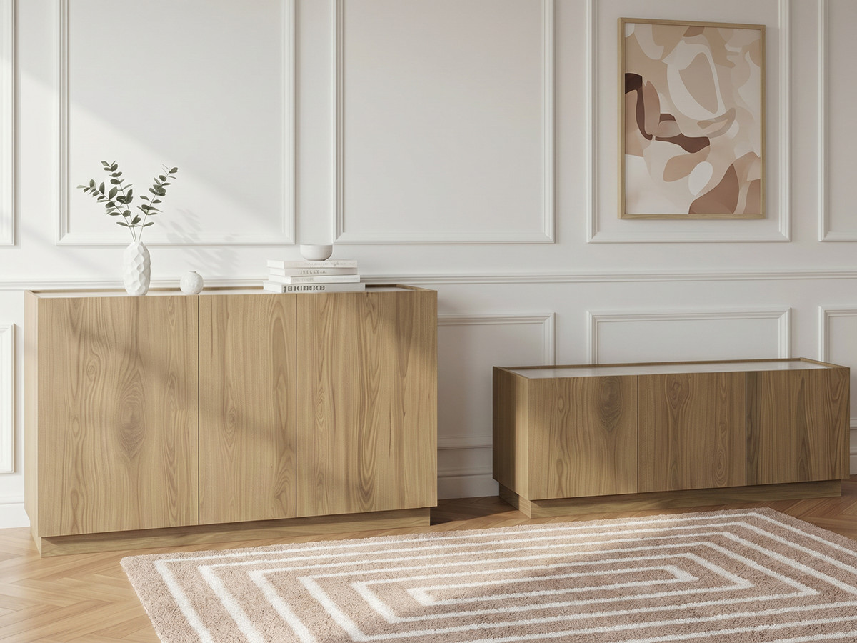 Ensemble MARION avec buffet 140 cm + meuble TV 120 cm effet chêne et travertin